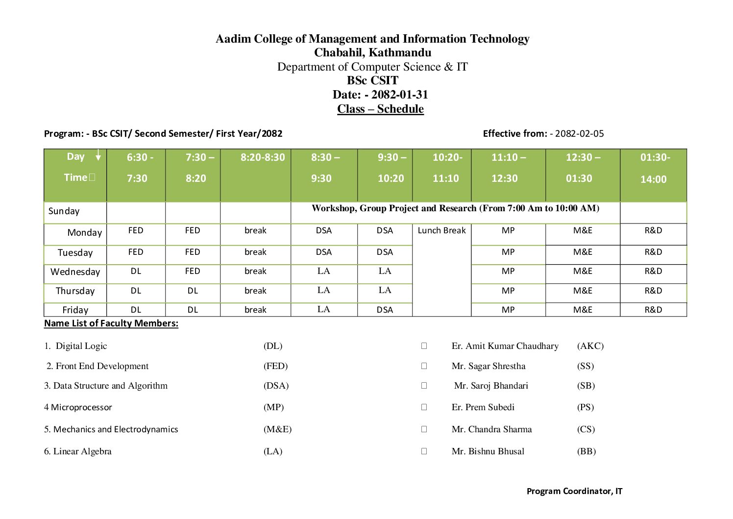 BSc. CSIT 2nd Semester Class Schedule